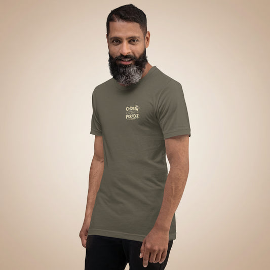 Men’s faith-based t-shirt with Chosen Not Perfect typography