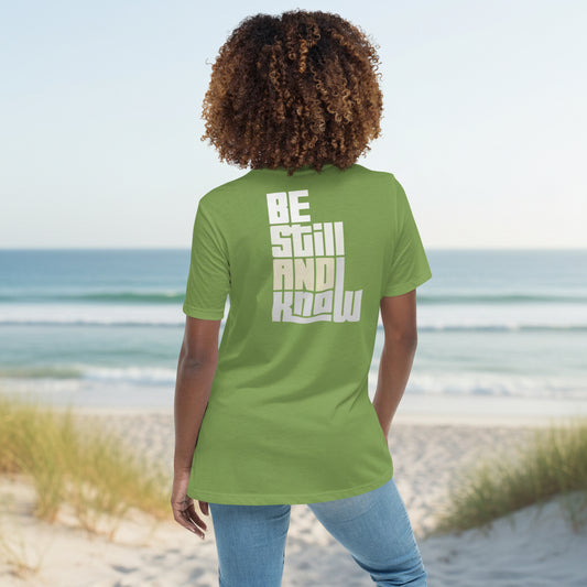 Be Still and Know Christian women’s t-shirt back print faith message