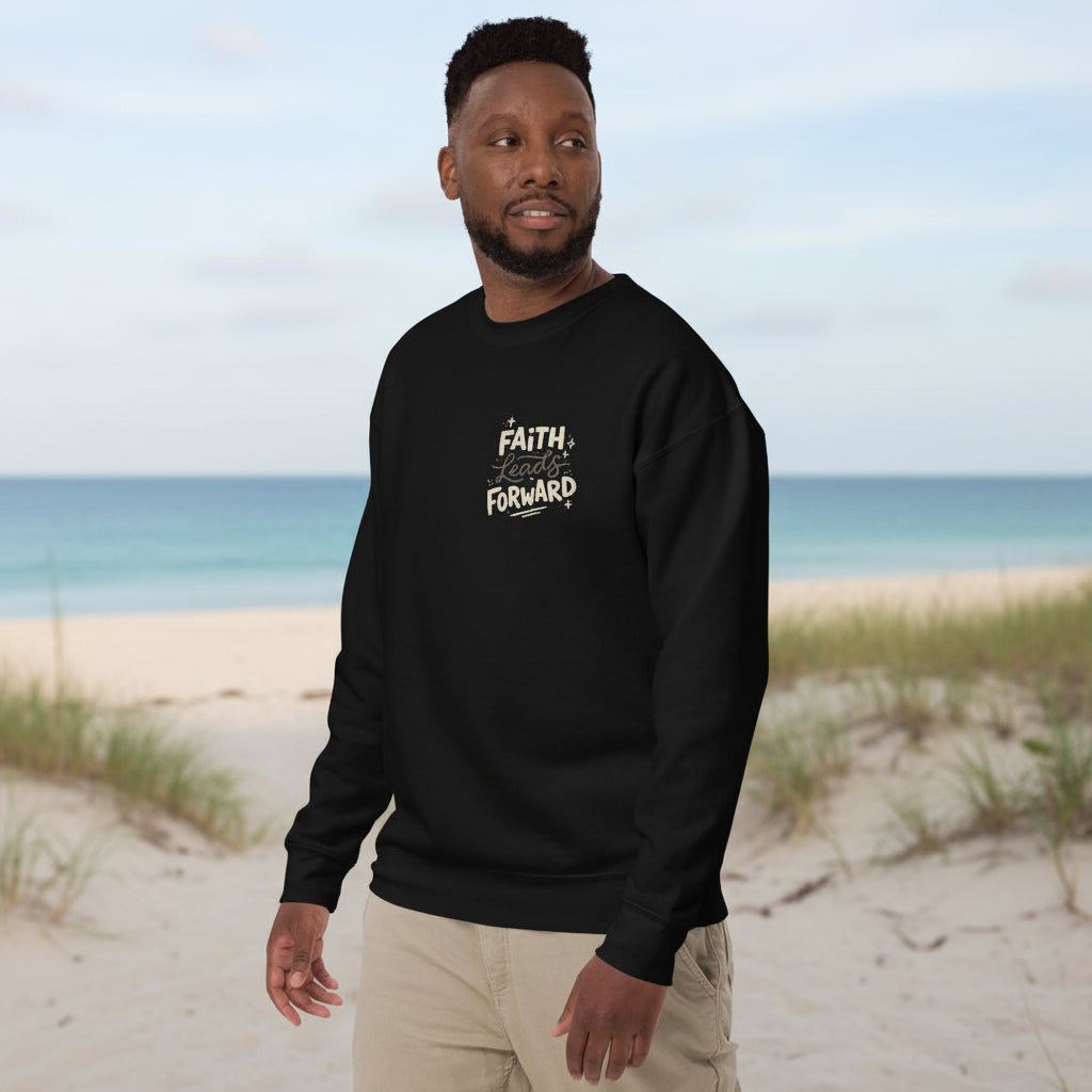Faith Leads Forward typography on men’s sweatshirt