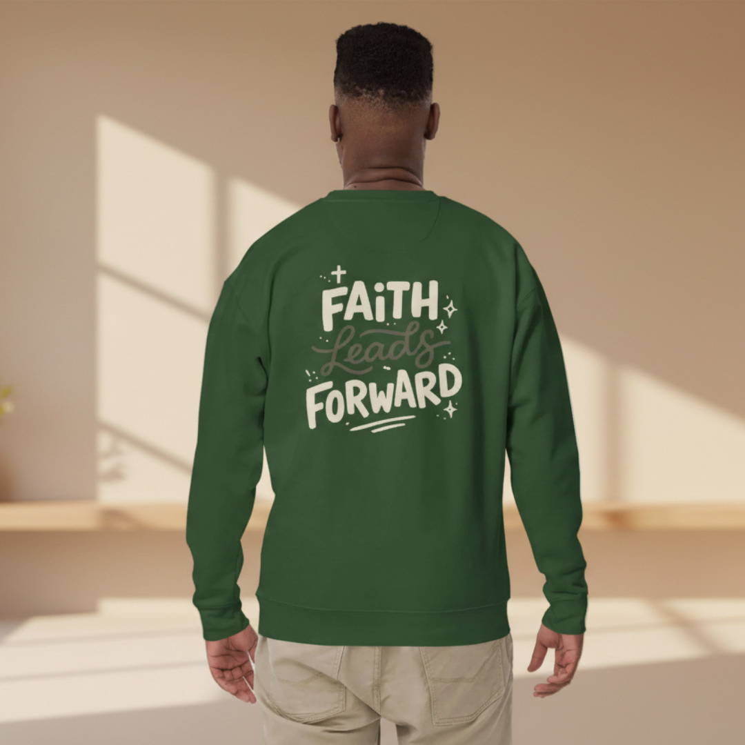 Faith Leads Forward men’s premium Christian sweatshirt