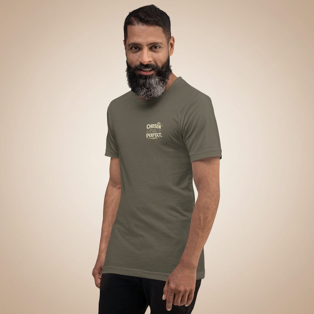 Men’s faith-based t-shirt with Chosen Not Perfect typography