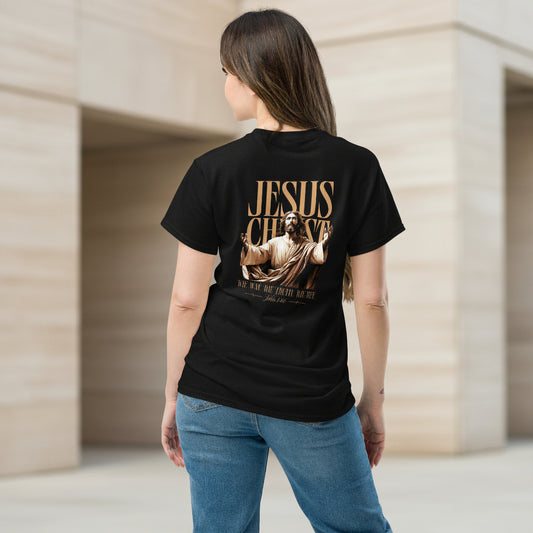 Jesus illustration graphic on black t-shirt